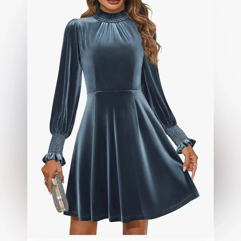 ZESICA Women's Velvet Mini Dresses Spring Long Sleeve High Neck Elastic E24 - Picture 1 of 8